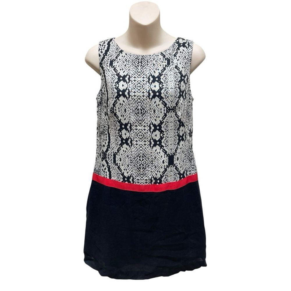 LOFT Linen Sleeveless Shift Dress Size 4 Black Ivory Pattern Summer Work